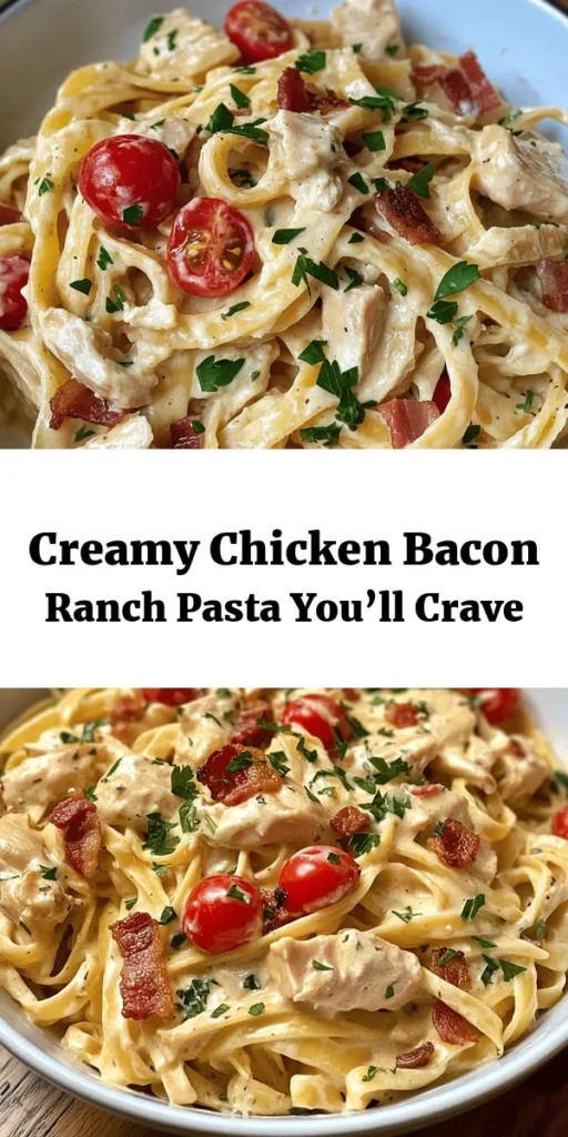 Indulge in this creamy chicken bacon ranch pasta that’s sure to become a family favorite! Made with tender chicken, crispy bacon, and a rich ranch-flavored sauce, this dish combines comfort and flavor in every bite. It’s quick to prepare, taking just 30 minutes, and serves four people. Perfect for busy weeknights or a cozy weekend meal. Top it off with fresh parsley and enjoy a delicious plate of satisfaction!