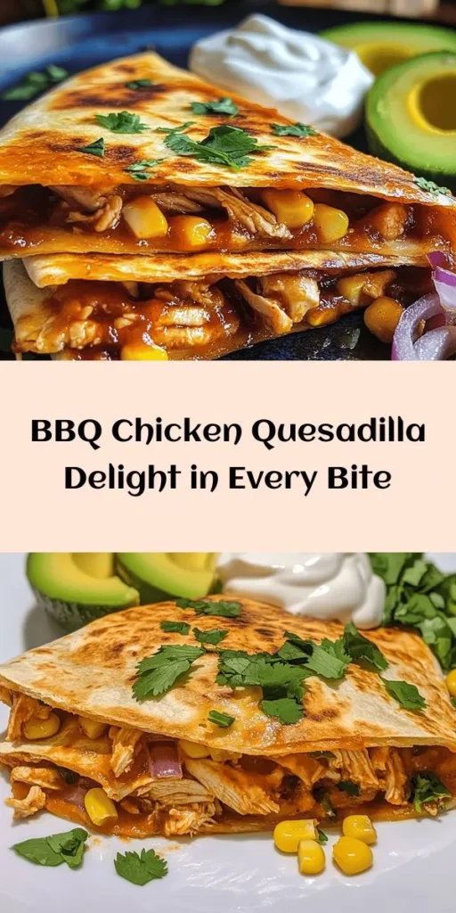Get ready to spice up your meal time with these delicious BBQ Chicken Quesadillas! Perfectly combining shredded chicken tossed in BBQ sauce, gooey cheddar and mozzarella, sweet corn, and caramelized red onions, this recipe is a crowd-pleaser. Quick to prepare and cook, these crispy quesadillas are ready in just 30 minutes! Serve with fresh cilantro, sour cream, and avocado for an irresistible twist. Ideal for lunch or dinner!