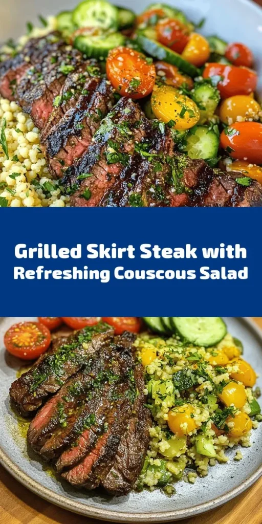 Elevate your dinner with this delicious Grilled Skirt Steak paired with a refreshing Lemon Herb Couscous Salad. Marinated in a zesty blend of garlic, spices, and lime, the steak is grilled to perfection and served alongside a colorful salad bursting with cherry tomatoes, cucumber, and fresh herbs. Quick to prepare and perfect for any occasion, this dish is packed with flavor and will impress your family and friends. Enjoy a taste of summer with every bite!