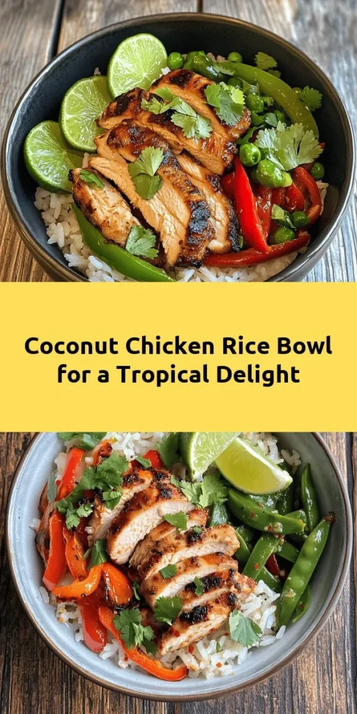 Dive into a tropical delight with this Coconut Chicken Rice Bowl! Featuring tender jasmine rice cooked in creamy coconut milk and topped with marinated chicken thighs, colorful veggies, and a splash of lime, this dish is a feast for the eyes and the taste buds. Easy to make and bursting with flavor, it's perfect for a weeknight dinner or meal prep. Don't forget to garnish with fresh cilantro and lime wedges for that extra zing! Enjoy this flavor-packed bowl today!