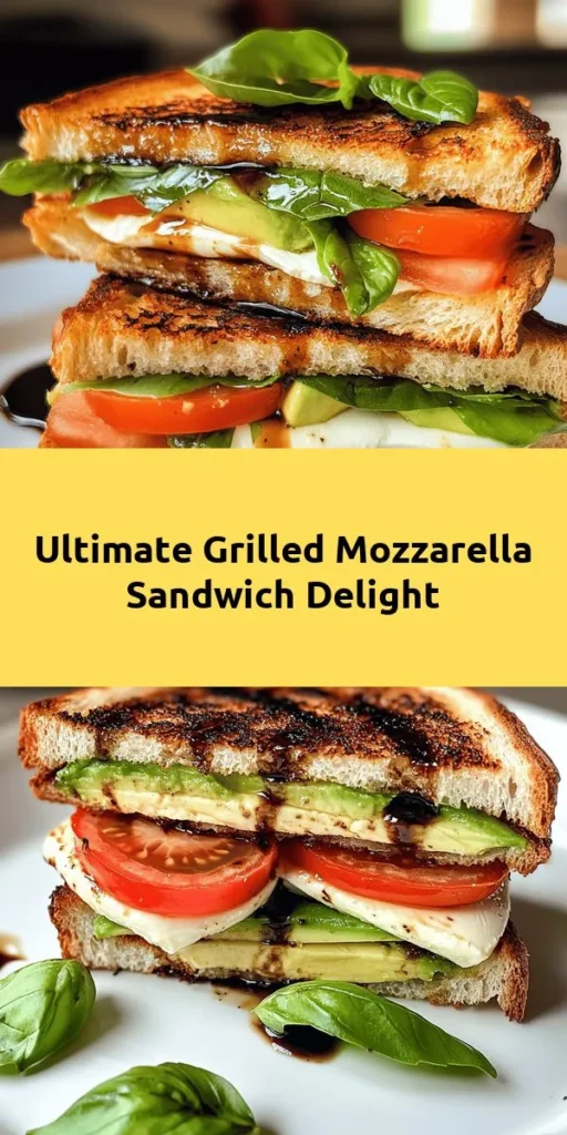 Indulge in this Grilled Mozzarella Heaven Sandwich that's perfect for any meal! Featuring layers of gooey fresh mozzarella, juicy ripe tomatoes, creamy avocado, and fragrant basil, all drizzled with balsamic glaze for added flavor. Grilled to golden perfection on artisan sourdough, this sandwich is crispy on the outside and melty on the inside. Quick to prepare and irresistible, it's the ideal comfort food for cheese lovers. Enjoy with a side salad for a complete meal!