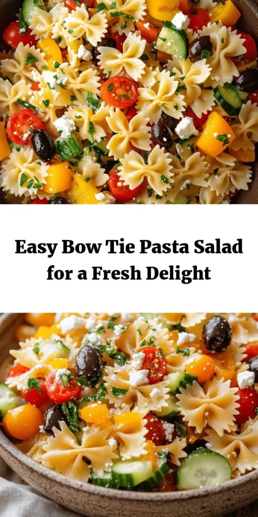 Discover a refreshing and vibrant Bow Tie Pasta Salad Delight that's perfect for any occasion! Made with al dente bow tie pasta, juicy cherry tomatoes, crisp cucumbers, colorful bell peppers, and tangy feta cheese, this salad is bursting with flavor. Tossed in a simple olive oil and red wine vinegar dressing, it’s a quick and easy recipe that takes just 15 minutes of prep. Perfect for picnics, potlucks, or a light meal. Chill and enjoy!
