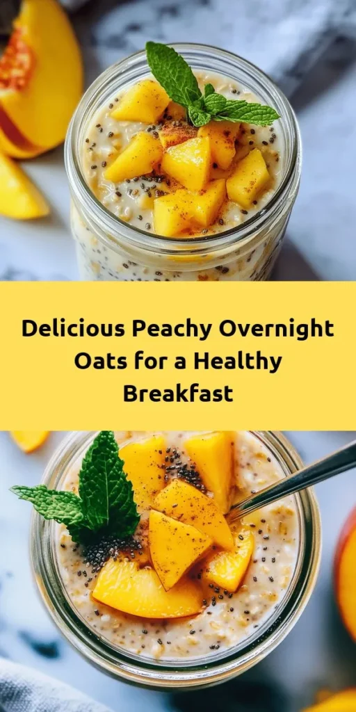 Start your day with a bowl of Irresistible Healthy Overnight Oats with Peaches! This delicious recipe combines rolled oats, creamy almond milk, ripe peaches, and a hint of cinnamon for a wholesome breakfast. Perfect for busy mornings, simply mix the ingredients, refrigerate overnight, and enjoy a nutritious meal that’s ready to go. Top it with extra peach slices and mint for a refreshing touch. Healthy, easy, and oh-so-tasty!