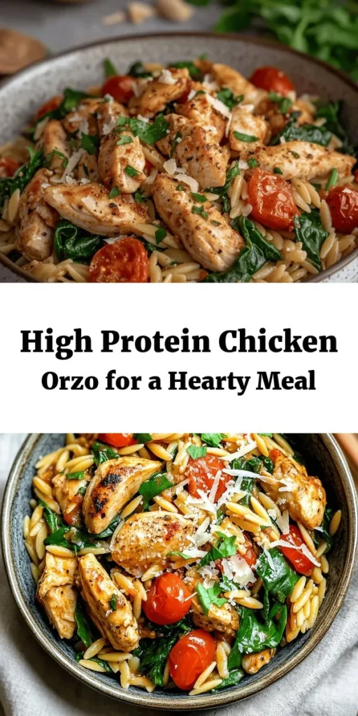 Transform your dinner with this High Protein Chicken Orzo recipe! Packed with diced chicken breast, orzo pasta, and loaded with nutritious ingredients like chickpeas, spinach, and cherry tomatoes, it's a deliciously balanced meal. Ready in just 30 minutes, this dish is perfect for busy weeknights. Top it off with fresh parsley and optional Parmesan for a burst of flavor. Healthy, hearty, and satisfying! Give it a try tonight!