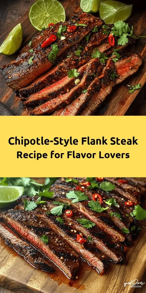 Elevate your dinner with this delicious Sizzling Chipotle-Style Steak recipe! Perfectly marinated in a flavorful blend of chipotle peppers, garlic, and spices, this flank steak is juicy and full of zest. Grill or pan-sear to perfection, then slice and serve with fresh cilantro and lime wedges. Ideal for taco night or a gourmet meal at home, this dish is sure to impress your family and friends. Enjoy a taste of Chipotle right in your kitchen!