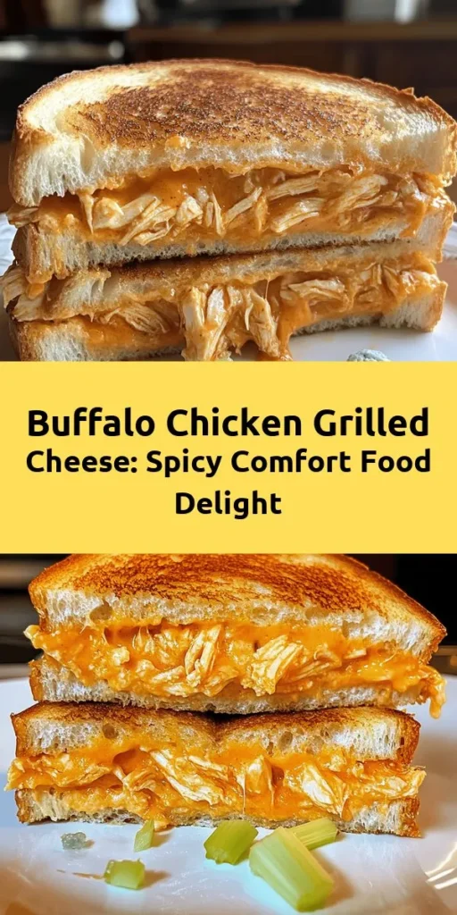 Indulge in a delicious twist on a classic with this Buffalo Chicken Grilled Cheese Sandwich! Perfectly crispy sourdough bread surrounds tender shredded chicken mixed with tangy Buffalo sauce and gooey cheddar cheese. Optional blue cheese adds a rich flavor kick, making this sandwich a real treat. Ready in just 15 minutes, it’s perfect for a quick meal or a cozy dinner. Don’t forget to garnish with fresh celery for that extra crunch! Enjoy this cheesy, spicy delight!