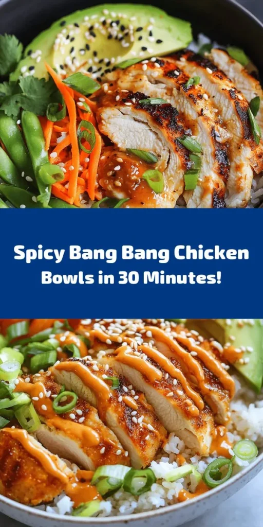 Delight in the vibrant flavors of these Bang Bang Chicken Bowls! Perfect for a quick dinner, this dish features tender, seasoned chicken thighs drizzled with a spicy-sweet Bang Bang sauce. Served over a fluffy bed of jasmine rice or quinoa and topped with fresh veggies like shredded carrots, snap peas, and creamy avocado, this bowl is both nutritious and satisfying. Garnish with green onions and sesame seeds for an extra touch. Enjoy this colorful meal in just 30 minutes!