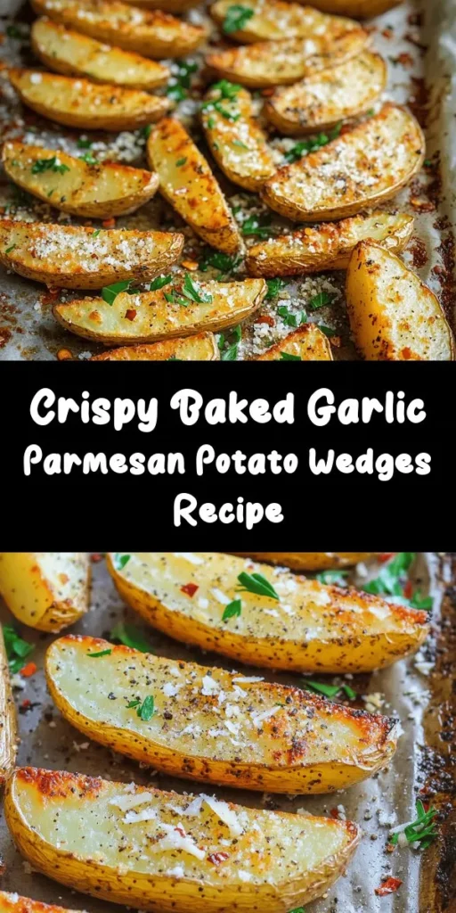 Enjoy crispy and flavorful Baked Garlic Parmesan Potato Wedges, the perfect side dish or snack! Made with russet potatoes, garlic, Italian seasoning, and topped with Parmesan cheese, these wedges are easy to prepare and bake in just 30 minutes. Toss them in a delicious garlic mixture and let the oven do the work! Garnish with fresh parsley and serve hot with your favorite dipping sauce. Perfect for any occasion!