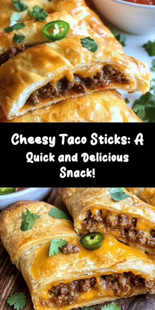 Indulge in these delicious Cheesy Taco Sticks that are perfect for a quick snack or a fun party appetizer. Made with ground beef or turkey, a zesty taco seasoning, and a gooey cheese blend, they’re wrapped in flaky crescent roll dough for a crispy finish. Just bake them until golden brown, garnish with fresh cilantro, and dip in salsa or sour cream. Easy to make in just 30 minutes, they’re sure to be a hit with family and friends!