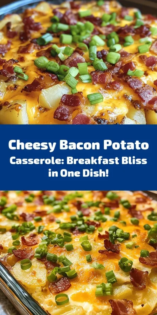 Start your day off right with this Cheesy Bacon Potato Breakfast Casserole! It's an easy, hearty dish packed with crispy bacon, fluffy potatoes, and melted cheddar cheese. Perfect for brunch or a cozy family breakfast, this casserole combines eggs, milk, and the tasty crunch of green onions for added flavor. Bake it all together for a delicious meal that serves six. Don't forget to garnish with fresh onions for an extra pop! Enjoy every bite!