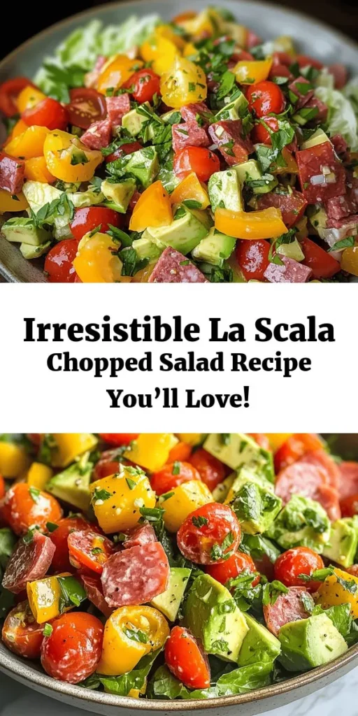 Discover the vibrant flavors of the Famous La Scala Chopped Salad! This refreshing dish combines crisp iceberg lettuce, juicy cherry tomatoes, crunchy cucumbers, colorful bell peppers, and savory salami and provolone. Topped off with creamy avocado and tangy Kalamata olives, this salad is a delicious blend of textures and tastes. Whip it up in just 20 minutes with a simple homemade dressing for the perfect side or light meal. Enjoy a burst of freshness in every bite!