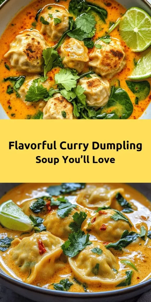 Warm up with this delightful Best Curry Dumpling Soup! This flavorful dish combines tender dumplings filled with spiced chicken or tofu and a creamy coconut broth. Easy to make from scratch, you'll knead your dough, prepare a savory filling, and cook everything to perfection. Finished with fresh spinach and garnished with cilantro and lime, each bowl is a comforting treat perfect for any time of the year. Dive into the rich flavors and enjoy a cozy meal at home!