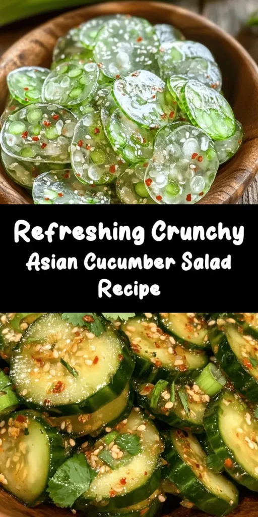 Looking for a refreshing side dish? Try this Crunchy Asian Cucumber Salad! With crisp cucumbers tossed in a tangy and flavorful dressing made from rice vinegar, soy sauce, and sesame oil, it's simple to make and perfect for any meal. Just let the cucumbers marinate for a short while to enhance the flavors, then sprinkle with sesame seeds and green onions. Enjoy this vibrant dish that's not only delicious but also healthy! Perfect for summer picnics or cozy dinners.