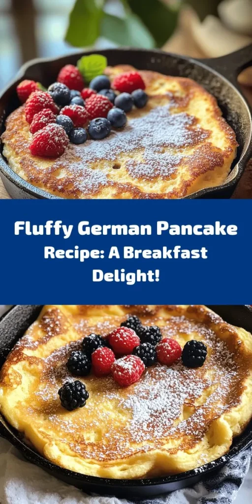 Indulge in the deliciousness of this Fluffy Baked German Pancake! Perfect for breakfast or brunch, this easy recipe combines eggs, milk, and flour for a light, airy treat that puffs up beautifully in the oven. Simply whisk the ingredients, bake, and watch it rise! Serve it warm with your favorite toppings like fresh berries, maple syrup, or a dusting of powdered sugar. It's a delightful way to start your day, and it takes just 30 minutes!