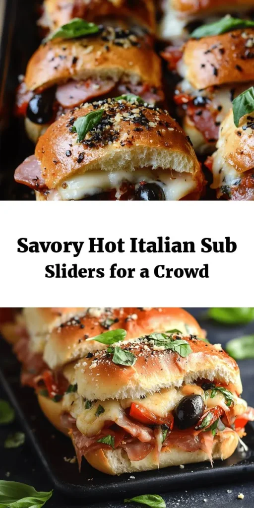 Create a crowd-pleasing appetizer with these Hot Italian Sub Sliders! Featuring layers of provolone cheese, salami, pepperoni, ham, roasted red peppers, and black olives, all nestled in soft slider buns, these sliders are bursting with flavor. Spread a delicious mayo and Dijon mixture for added zest, then bake until golden and melty. Perfect for game days or casual gatherings, these sliders are sure to impress your friends and family!