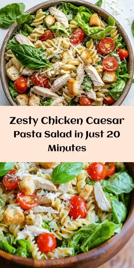 Looking for a quick and delicious meal? Try this Quick & Zesty Chicken Caesar Pasta Salad! In just 20 minutes, you can whip up a satisfying dish packed with rotini pasta, shredded rotisserie chicken, crisp romaine lettuce, and juicy cherry tomatoes. Toss it all together with creamy Caesar dressing and top with Parmesan cheese and crunchy croutons. Perfect for lunch or dinner, this salad is as easy to make as it is to enjoy!