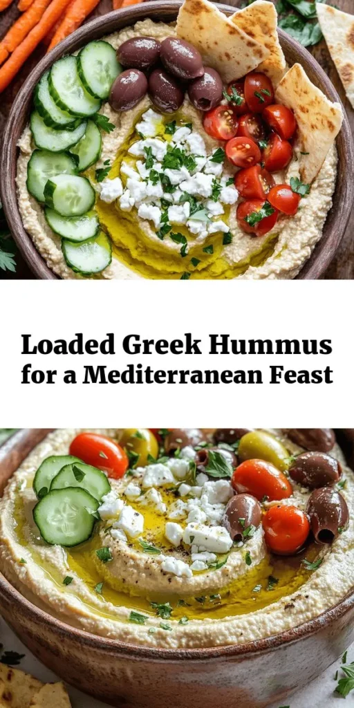 Dive into Mediterranean Bliss with this Greek Style Loaded Hummus! This vibrant recipe features a creamy blend of chickpeas, tahini, and olive oil, topped with fresh cucumbers, juicy cherry tomatoes, and salty Kalamata olives. Add a dollop of Greek yogurt and a sprinkle of feta for extra flavor. Perfect for dipping with pita chips or veggies, this dish is both healthy and satisfying. Whip it up in just 15 minutes for an impressive appetizer or snack. Enjoy the taste of Greece at home!
