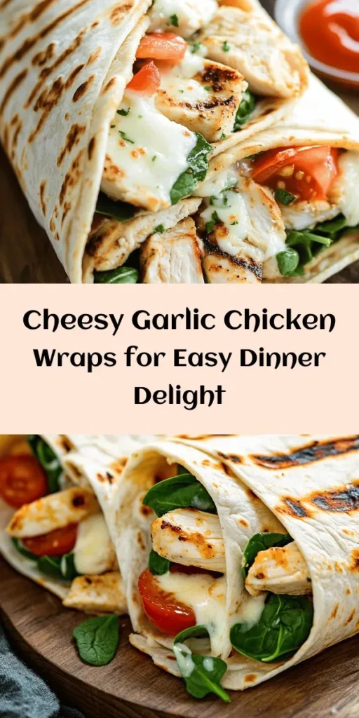 Indulge in these Cheesy Garlic Chicken Wraps for a simple yet delicious meal! Juicy chicken breasts seasoned with garlic butter and spices are baked to perfection and then wrapped with fresh spinach, mozzarella, and Parmesan cheese in soft tortillas. Grilled until golden and crispy, these wraps are perfect for lunch or dinner. Serve them warm with diced tomatoes and a dash of hot sauce for an extra kick. Easy to make and utterly satisfying, this recipe is a must-try!
