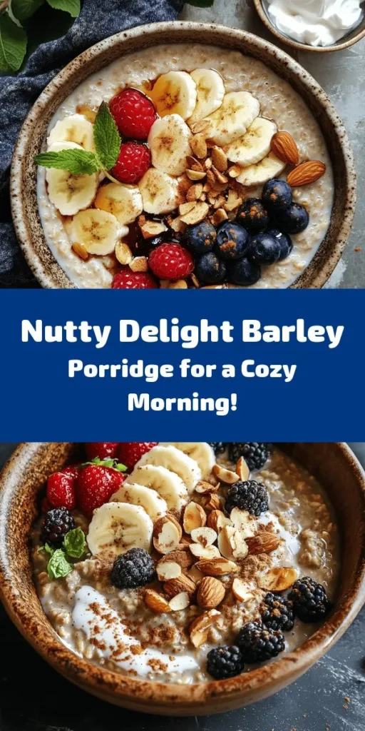 Start your day right with this Nutty Delight Barley Porridge! Perfectly creamy and satisfying, it combines pearl barley with almond milk, maple syrup, and a hint of cinnamon for a warm breakfast. Customize it with your favorite toppings like fresh fruits, nuts, and yogurt for an added crunch and flavor. This wholesome recipe is easy to make and packed with nutrients, making it a delicious option for everyone. Enjoy a bowlful of goodness in just 50 minutes!