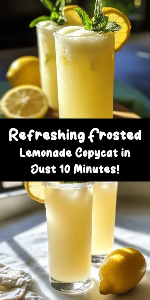 Dive into summer with this Frosted Lemonade Delight copycat recipe! Made with fresh lemon juice, creamy vanilla ice cream, and fizzy lemon-lime soda, this refreshing drink is perfect for warm days. Simply mix, blend, and serve in tall glasses for a sweet treat that everyone will love. Garnish with lemon slices and fresh mint for the perfect finishing touch. Ready in just 10 minutes, it's a simple way to brighten up your day!