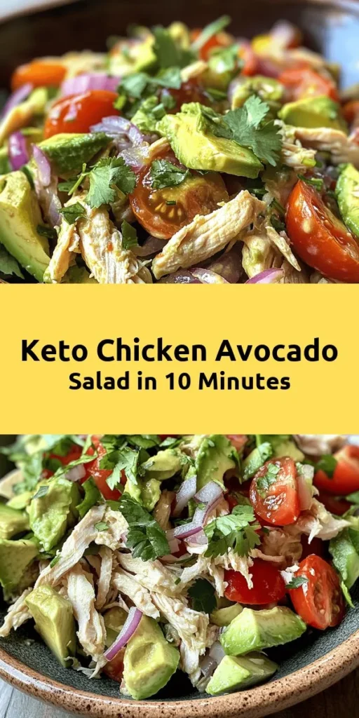 Delight in this refreshing Keto Chicken Avocado Salad, perfect for a quick lunch or dinner! With just 10 minutes of prep, you'll combine shredded chicken, creamy avocado, zesty lime, and fresh veggies for a burst of flavor in every bite. This low-carb dish is not only delicious but also healthy, making it a great option for those following a keto lifestyle. Serve it chilled or at room temperature for a satisfying meal. Give it a try today!