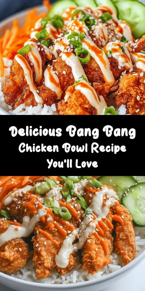 Try this delicious Bang Bang Chicken Bowl for a perfect mix of flavors and textures! Tender, crispy chicken is coated in a spicy-sweet sauce and served over fluffy jasmine rice, accompanied by fresh veggies like shredded carrots and cucumbers. It's easy to prepare and ready in just 45 minutes, making it a fantastic weeknight dinner option. Garnish with green onions and cilantro for an extra touch. Satisfy your cravings with this tasty bowl today!