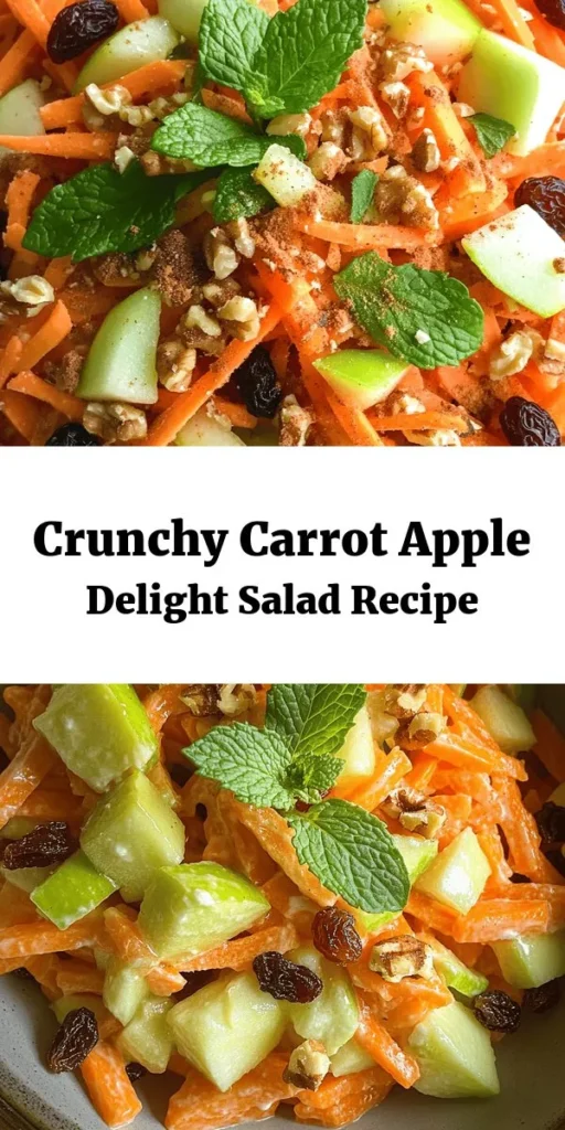 Brighten up your meal with this Crunchy Carrot Apple Delight Salad! This refreshing dish combines grated carrots and crisp apples with a touch of sweetness from raisins and honey, all dressed in a creamy Greek yogurt mix. Perfect as a side or a light lunch, it's packed with flavor and crunch. Ready in just 35 minutes, it’s a nutritious addition to any table. Don't forget to add fresh mint for an extra burst of freshness!