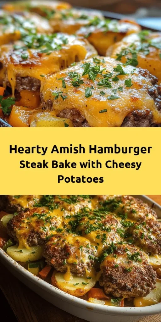 Discover the comforting flavors of Amish Hamburger Steak Bake, a hearty one-pan meal that's perfect for the whole family! This dish combines seasoned ground beef patties, a medley of frozen vegetables, and tender sliced potatoes, all topped with gooey cheddar cheese. In just over an hour, you'll have a delicious dinner that's sure to satisfy. It's simple to make and full of homey goodness—ideal for busy weeknights. Give it a try!
