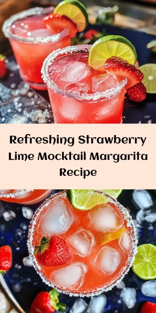 Quench your thirst with this delightful Strawberry Lime Mocktail Margarita! Perfect for any occasion, this refreshing drink combines fresh strawberries, zesty lime juice, and sparkling water for a fizzy treat. It's easy to make—just blend strawberries, mix juices, and enjoy over ice. Garnish with lime and strawberry slices for a beautiful presentation. Ideal for a summer get-together or a cozy night in, this mocktail will impress everyone!