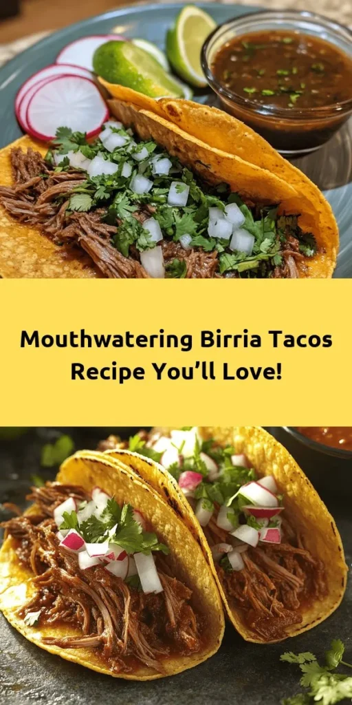 Indulge in the ultimate comfort food with these Birria Tacos! Bursting with flavor, this recipe features tender beef chuck roast simmered in a rich, spiced sauce made from toasted ancho and guajillo chiles. Perfectly crispy tortillas are filled with shredded beef, topped with fresh cilantro and onions, and served with lime wedges. Enjoy them with a side of savory broth for dipping! Perfect for gatherings or a cozy dinner.