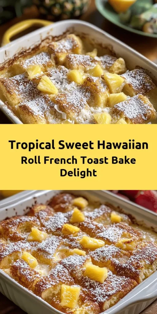 Indulge in a tropical twist with this Sweet Hawaiian Roll French Toast Bake! Perfect for brunch, this quick and easy recipe combines fluffy Hawaiian rolls soaked in a creamy custard with a hint of vanilla, cinnamon, and nutmeg. With the addition of crushed pineapple and shredded coconut, each bite is a delicious treat. Top with powdered sugar, fresh fruit, and a drizzle of maple syrup for an irresistible meal everyone will love. Enjoy the flavors of the islands!
