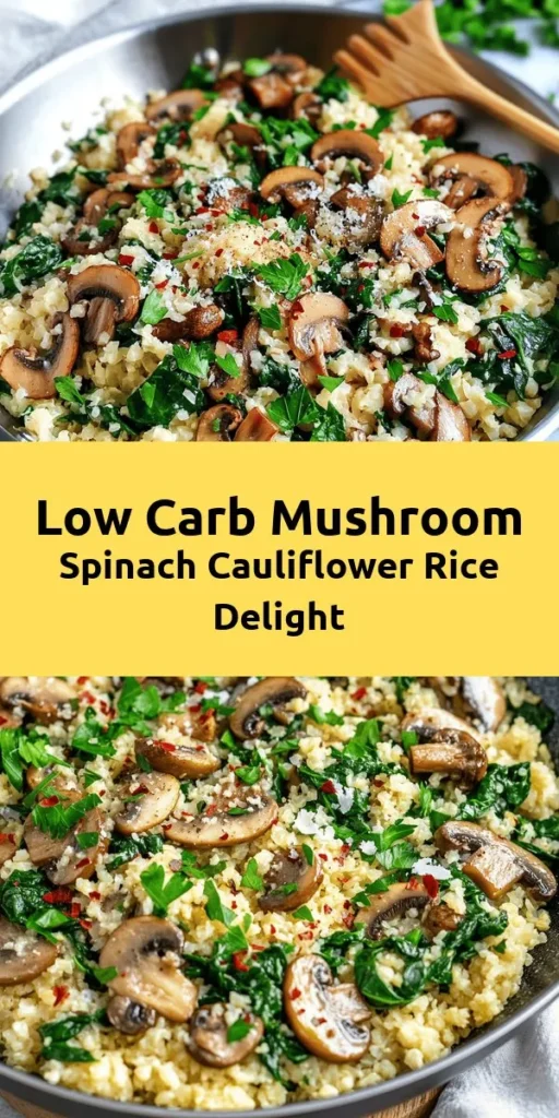 Looking for a healthy, low-carb dish? Try this delicious Low Carb Mushroom & Spinach Cauliflower Rice! Made with fresh ingredients like cauliflower, spinach, and mushrooms, this dish is packed with flavor and nutrients. Perfect as a side or a light main course, it's easy to make in just 25 minutes. Sauté onions and garlic, mix in sautéed mushrooms and cauliflower rice, then finish with fresh spinach and optional Parmesan for a delightful meal. Enjoy!
