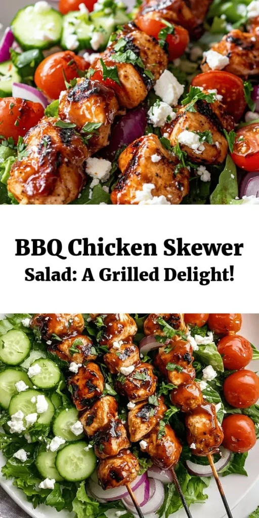 Transform your summer meals with this delicious BBQ Chicken Skewer Salad! Juicy, marinated chicken skewers grilled to perfection sit atop a bed of vibrant salad greens, cherry tomatoes, cucumbers, and red onions. With the option to sprinkle crumbled feta cheese and a drizzle of your favorite dressing, this dish is as colorful as it is tasty. Perfect for a quick lunch or a light dinner. Give this recipe a try and impress your family and friends! 🍗🥗