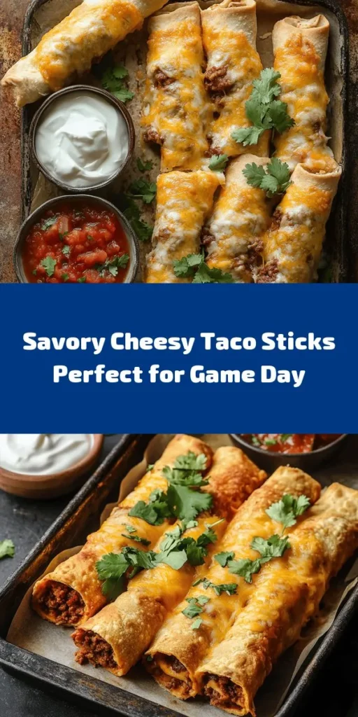 Dive into deliciousness with these Cheesy Taco Sticks! Perfect for a quick dinner or a fun snack, these easy-to-make sticks are stuffed with seasoned ground beef, creamy refried beans, and two types of cheese, all wrapped in a warm tortilla. Bake until crispy and golden, then serve with salsa and sour cream for dipping. Ideal for family nights or gatherings, these savory bites are sure to impress. Try them today and enjoy cheesy, taco-flavored goodness!