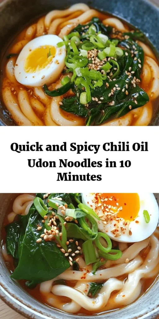 Whip up this 10-minute Chili Oil Udon Noodles for a delicious and spicy meal! Using fresh udon noodles, this recipe combines vibrant flavors of garlic, soy sauce, and sesame oil, tossed with fresh greens like baby spinach or bok choy. Top it off with a soft-boiled egg for added creaminess. Perfect for a quick lunch or dinner, this dish is easy to make and packed with flavor. Dive into this satisfying noodle delight today!