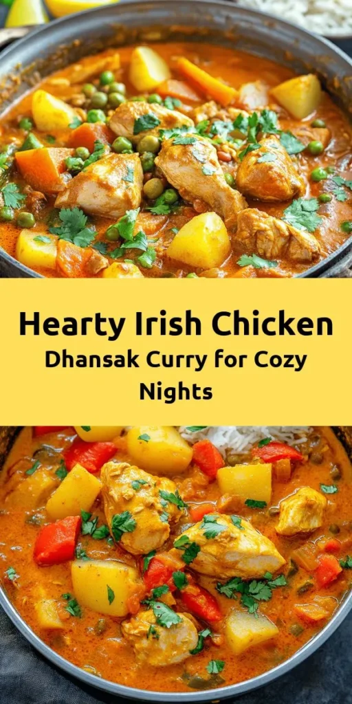 Indulge in a comforting bowl of Hearty Irish Chicken Dhansak Curry! This flavorful dish features tender chicken thighs, nourishing red lentils, and a medley of vegetables, simmered in creamy coconut milk for a rich texture. Infused with warming spices like cumin and garam masala, it's perfect for a cozy meal. Serve it over fluffy basmati rice and garnish with fresh coriander and lemon for a zesty touch. Enjoy a taste of comfort today! 🍀🍛
