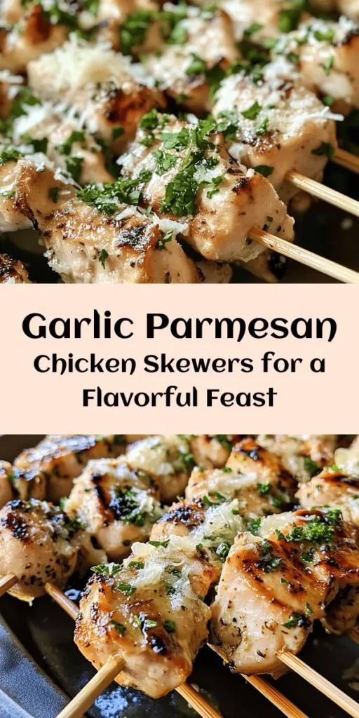 Delight in these Garlic Parmesan Chicken Skewers, perfect for a quick and delicious meal! Marinated in garlic, oregano, and thyme, these tender chicken pieces are threaded onto skewers and topped with a generous sprinkle of Parmesan cheese. Grill or bake until golden and juicy, then garnish with fresh parsley for a burst of color. Great as an appetizer or paired with salads, pasta, or rice. Enjoy the savory flavors in just 40 minutes!