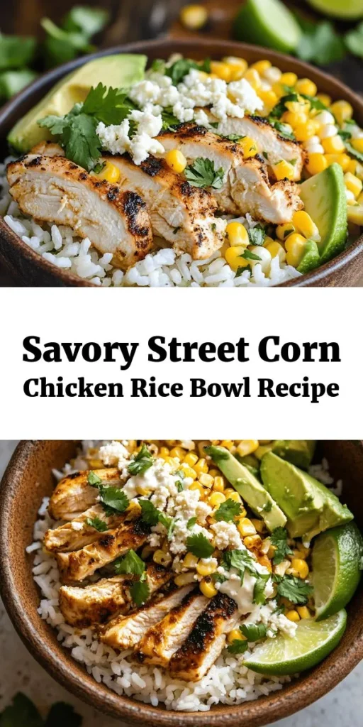 Discover the deliciousness of this Street Corn Chicken Rice Bowl! Perfectly cooked jasmine rice serves as the base for tender chicken seasoned with chili and smoked paprika. Topped with sautéed corn, creamy lime mayo, crumbled cotija, and fresh cilantro, it's a flavor-packed meal that’s sure to impress. Ready in just 40 minutes, it’s ideal for weeknight dinners. Don’t forget to serve with lime wedges for an added zesty kick!