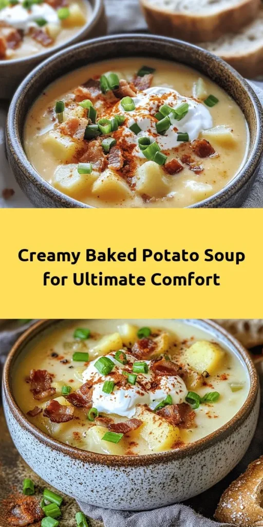 Warm up with this comforting Baked Potato Soup, a perfect blend of creamy flavors and hearty russet potatoes! This easy recipe combines baked potatoes, a rich roux, and sharp cheddar, making it a delightful dish for any occasion. Just bake, blend, and simmer to create a bowl of happiness topped with sour cream, green onions, and optional bacon bits. Serve it alongside crusty bread for the ultimate cozy experience! Ideal for chilly nights!