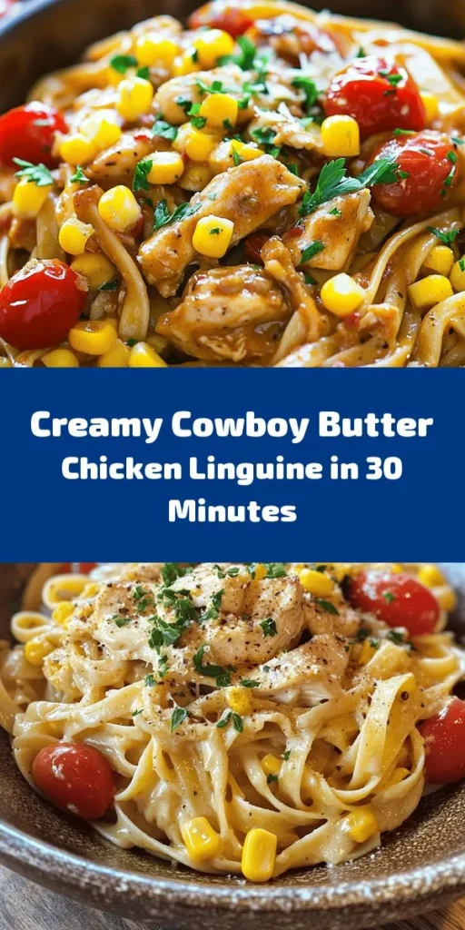 Savor the flavors of Easy Cowboy Butter Chicken Linguine! This quick and delicious recipe features tender chicken thighs, garlic, cherry tomatoes, and sweet corn coated in a buttery, zesty sauce. Perfect for any night, it takes just 30 minutes from prep to plate. Toss in linguine, fresh lemon juice, and a sprinkle of Parmesan for a comforting dish everyone will love. Serve it up with chopped parsley for a fresh finish. Enjoy your meal!