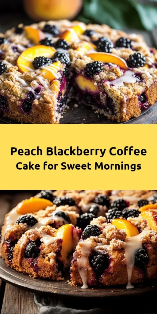 Indulge in a slice of summer with this Peach Blackberry Coffee Cake! This delightful dessert combines the sweetness of ripe peaches and tart blackberries in a moist cake, topped with a buttery streusel. Perfect for breakfast, brunch, or a sweet afternoon treat, it's easy to whip up with simple ingredients. Drizzle with an optional glaze for an extra touch of sweetness. Serve warm, and enjoy every bite. Your family will love it!