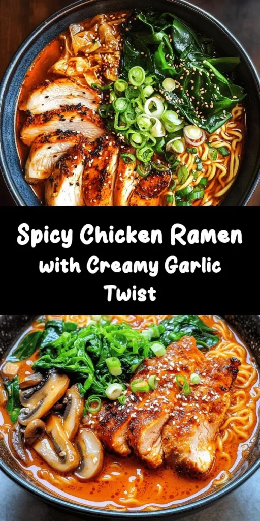 Spice up your dinner with this Fiery Chicken Ramen featuring a rich and creamy garlic sauce! Tender marinated chicken thighs blend perfectly with ramen noodles, fresh baby spinach, and flavorful shiitake mushrooms, all simmered in a savory broth. The addition of a luscious garlic cream sauce elevates this dish to a whole new level. Perfect for a cozy night in, this recipe is sure to warm you up and satisfy your cravings!