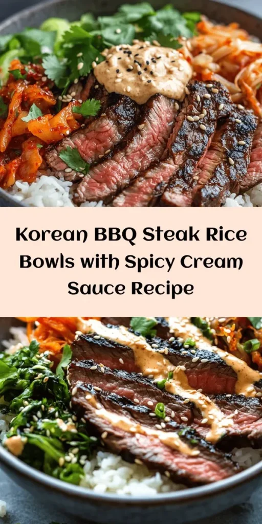 Indulge in the savory goodness of Korean BBQ Steak Rice Bowls, topped with a spicy cream sauce that's sure to tantalize your taste buds! This easy recipe features marinated flank steak grilled to perfection, served over a bed of fluffy jasmine rice and sautéed vegetables. Complete with optional kimchi and a drizzle of creamy sauce, it's a colorful and satisfying meal you'll love. Perfect for weeknight dinners or impressing guests!
