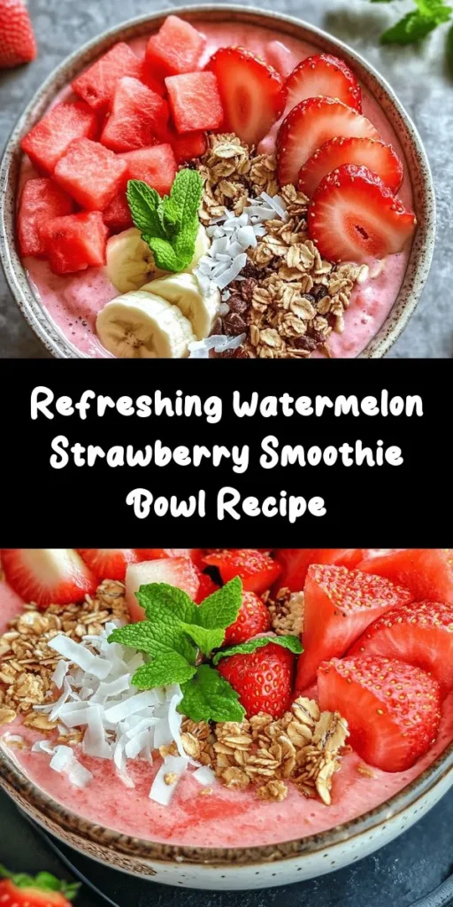 Cool off with a delightful Watermelon and Strawberry Smoothie Bowl! This easy recipe blends frozen watermelon, strawberries, and banana with creamy coconut milk for a refreshing treat perfect for breakfast or a snack. Customize with your favorite toppings like sliced fruit, granola, and chia seeds for added texture and nutrition. Quick to make in just 10 minutes, it's a vibrant and delicious way to enjoy summer flavors any day!