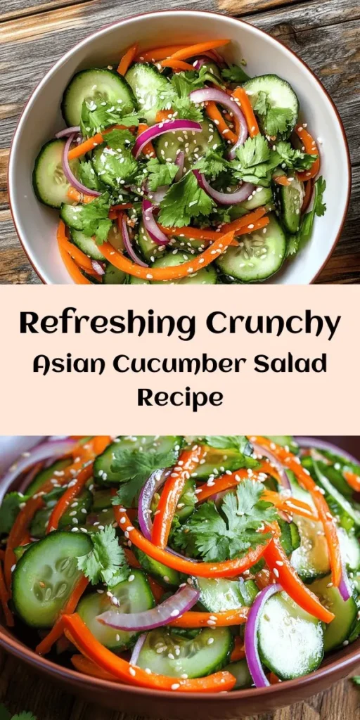 Discover the perfect mix of flavors and textures with this Crunchy Asian Cucumber Salad! Fresh cucumbers, vibrant carrots, and colorful bell peppers come together with a tangy sesame dressing that includes rice vinegar, soy sauce, a hint of honey, and fresh ginger. Toss in some cilantro and sesame seeds for that extra crunch. This salad is quick to prepare in just 15 minutes, making it a refreshing side dish for any meal. Perfect for summer picnics or as a healthy addition to your dinner table!