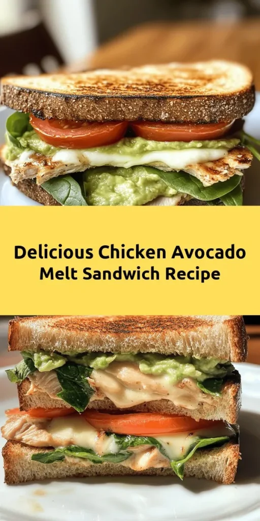 Savor the flavors of our Chicken Avocado Melt Sandwich! Made with whole-grain bread, creamy avocado, tender chicken, and gooey mozzarella, this sandwich is both delicious and nutritious. Perfect for a quick lunch or a cozy dinner, it’s easy to make in just 20 minutes. Customize it with your favorite toppings like fresh spinach or juicy tomatoes for an extra burst of flavor. Try this tasty recipe that combines health and taste in every bite!